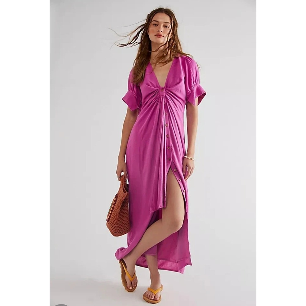 Free People Vintage Love Of My Life Maxi Dress Magenta Pinkโ Linen Blend Size S